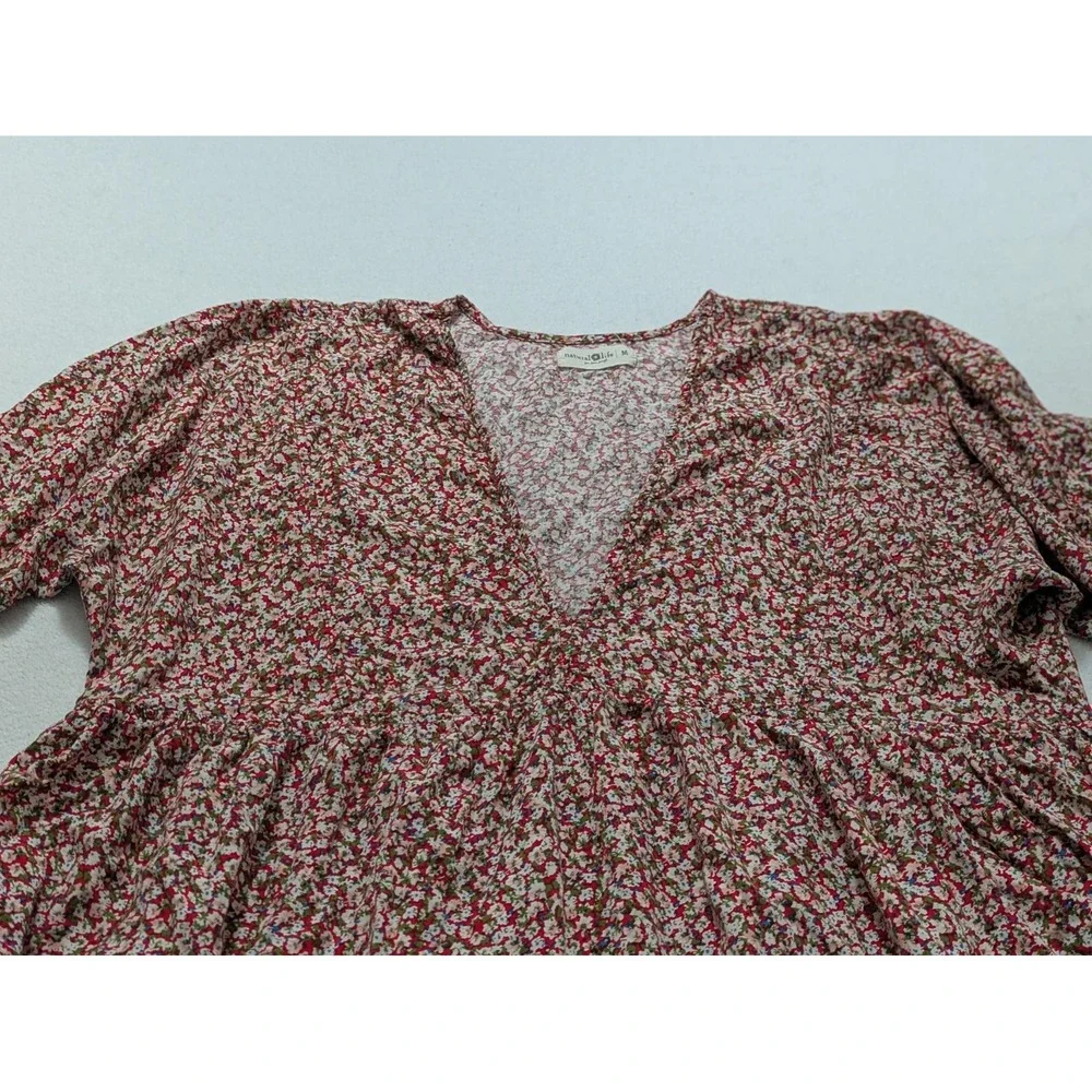 NATURAL LIFE Baby Doll Dress with Pockets Sz Medium Red Ditsy Floral